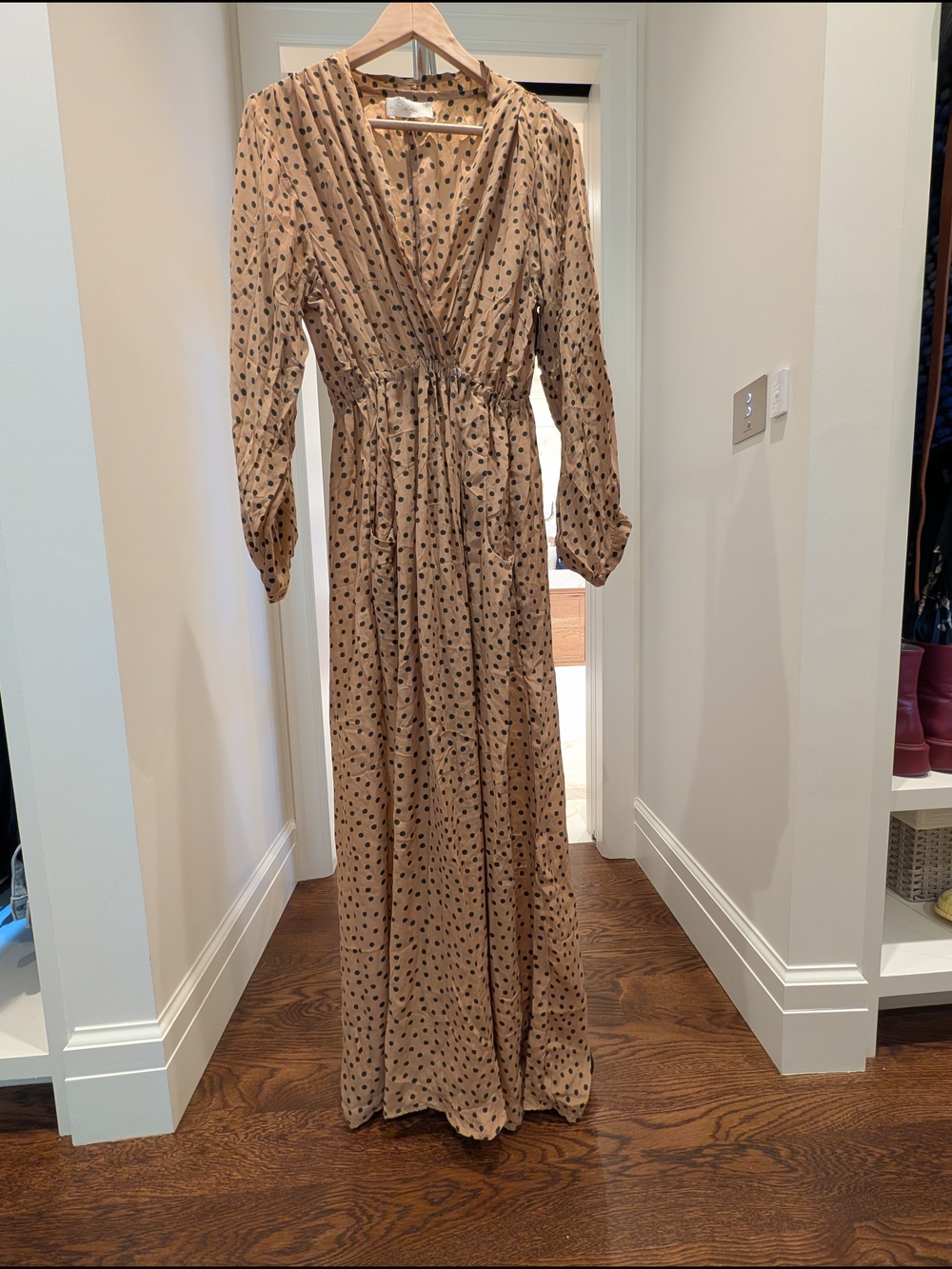 Natalie Martin Beige Polka Dot Long Sleeve Maxi Dress